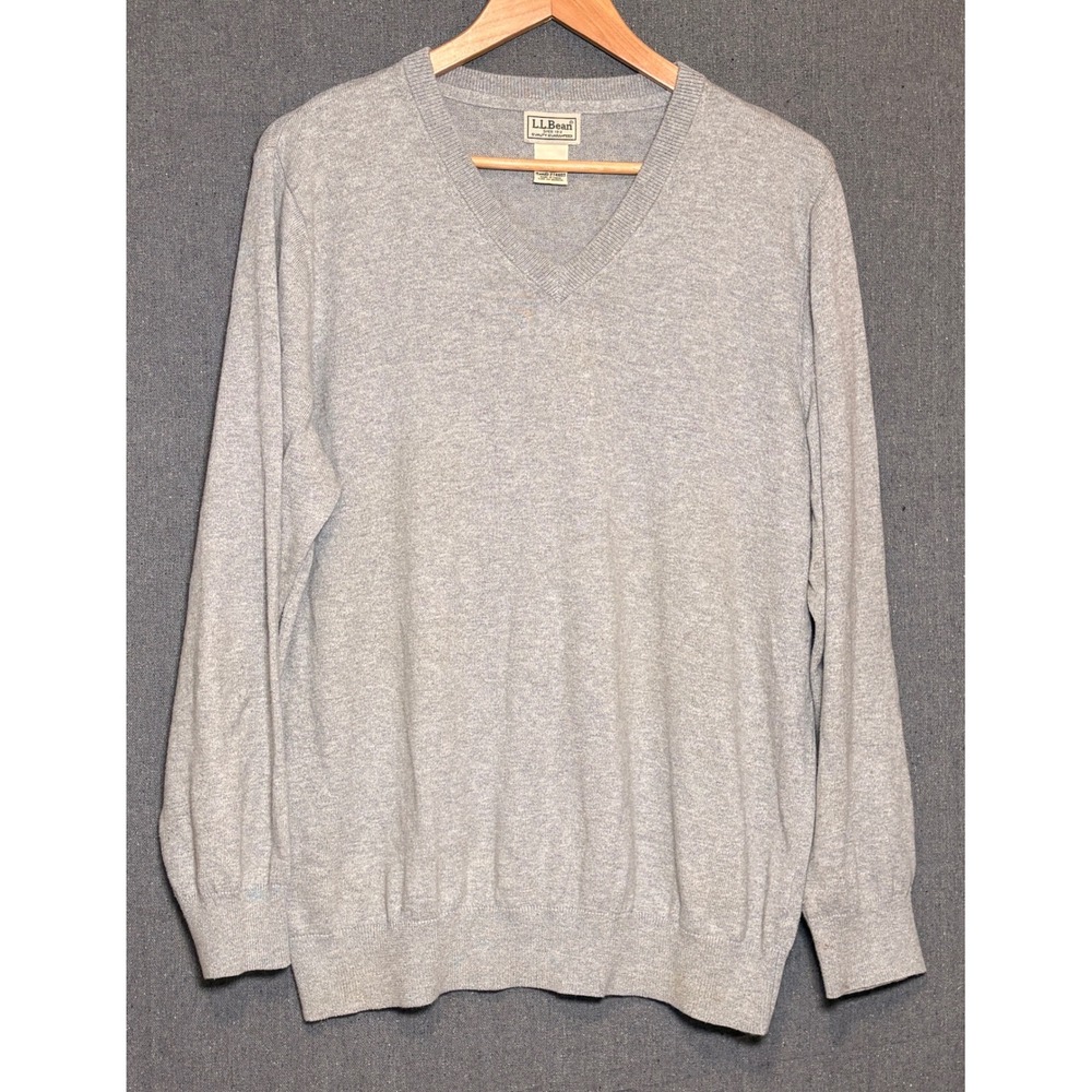 LL Bean Mens V-Neck Sweater Gray Cotton Cashmere Blend Large 274603